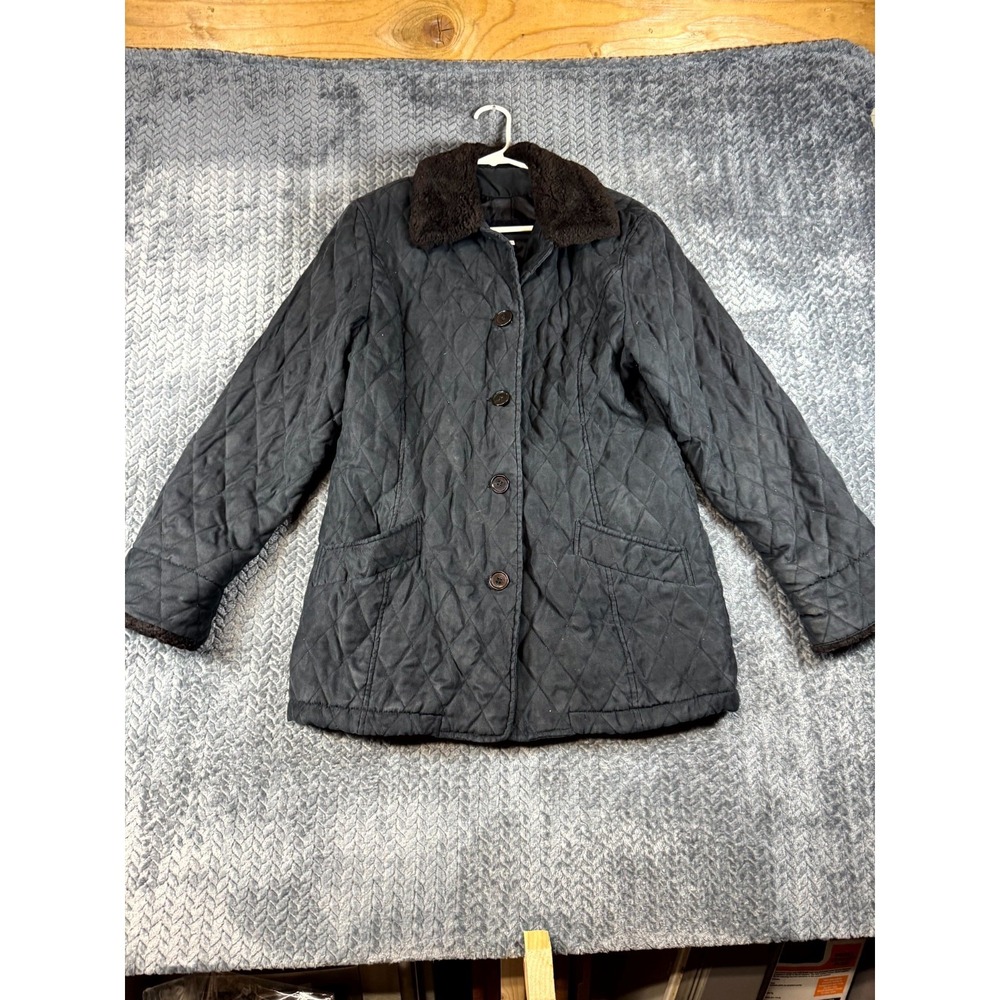 Anne Klein II Quilted Jacket Womens Small Black Faux Fur Collar Button‎ Front